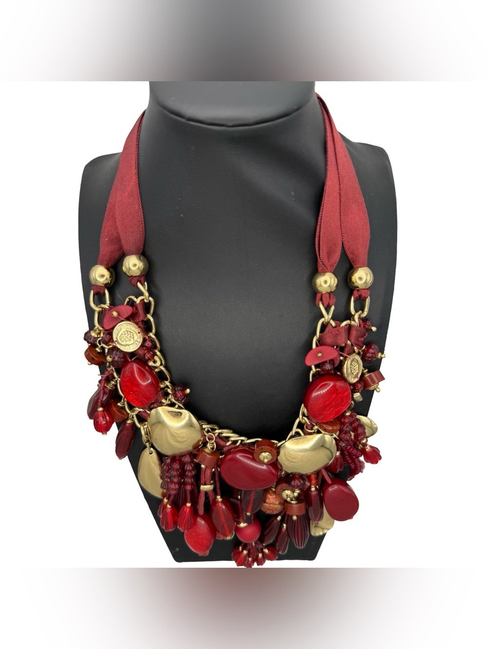 Vintage Chico's Gold-Tone Dangle Red Beads Statement Bib Necklace